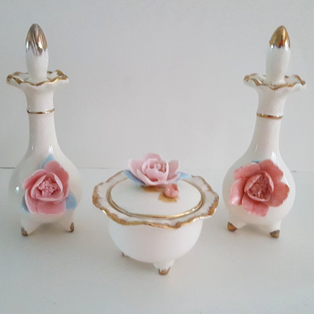 Vintage 3-Piece Porcelain Vanity Set 1950's **AS IS**